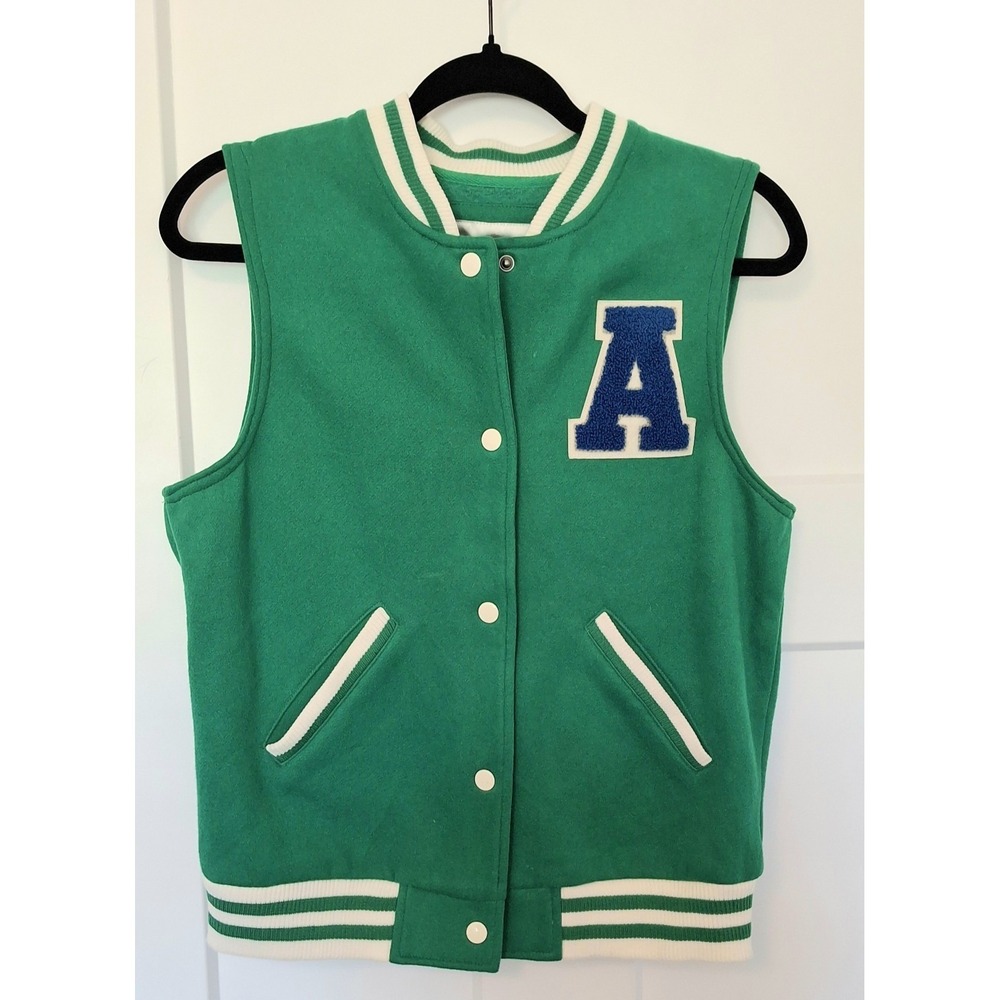 Iris Basic  Blue White Varsity Bomber Jacket Letter Patch Snap Front Women's